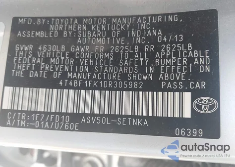 2013 Toyota Camry Le from USA, damaged, VIN 4T4BF1FK1DR305982
